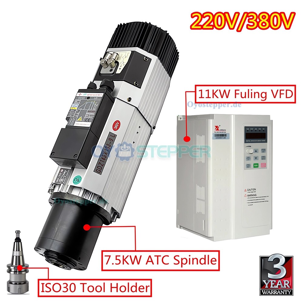 Luftgek&uuml;hltes ATC HF-Spindel Set 9kW &Oslash;125mm ISO30 220V/380V mit 11kW Fuling Drehstrom Frequenzumrichter